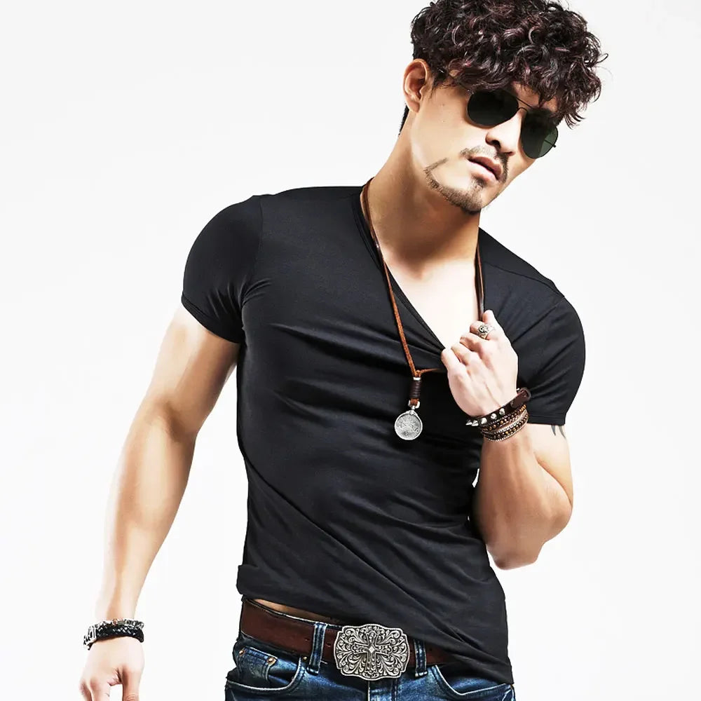 2026 Brand New Men T-Shirt Tops V-neck Short Sleeve Tees Men's Fashion Fitness Hot T-shirt For Male Man T-shirt Size 5XL