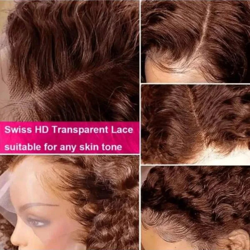 Chocolate Brown Deep Wave 13x4 HD Lace Frontal Wigs Human Hair Transparent Pre-Plucked 250% Density Water Wave Lace Frontal Wigs