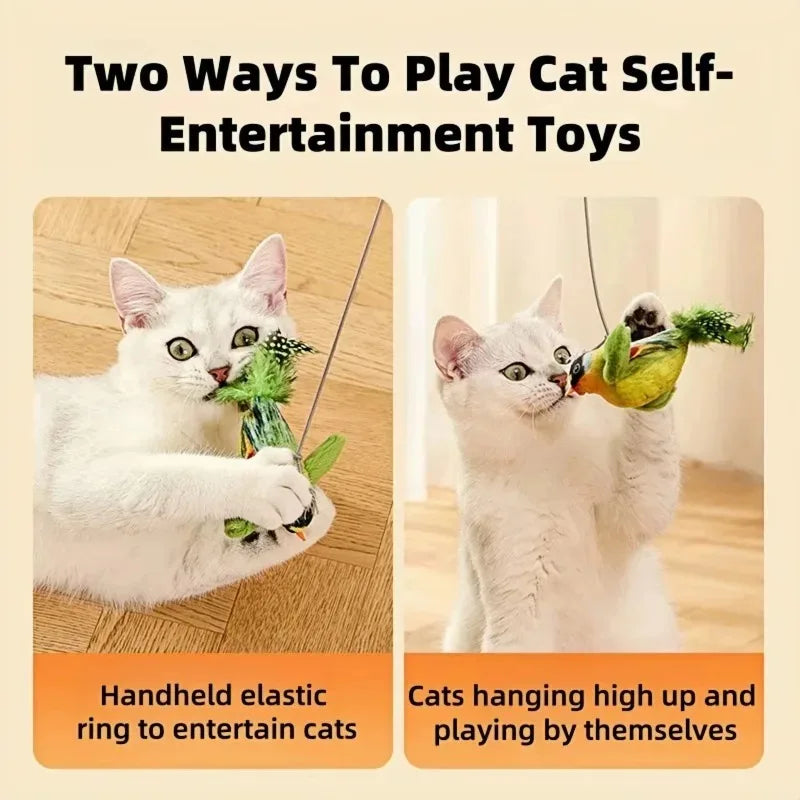 The pet cat toy emulates the sound of a bird to amuse the cat, with an elastic rope to relieve boredom and resist scratching and biting.