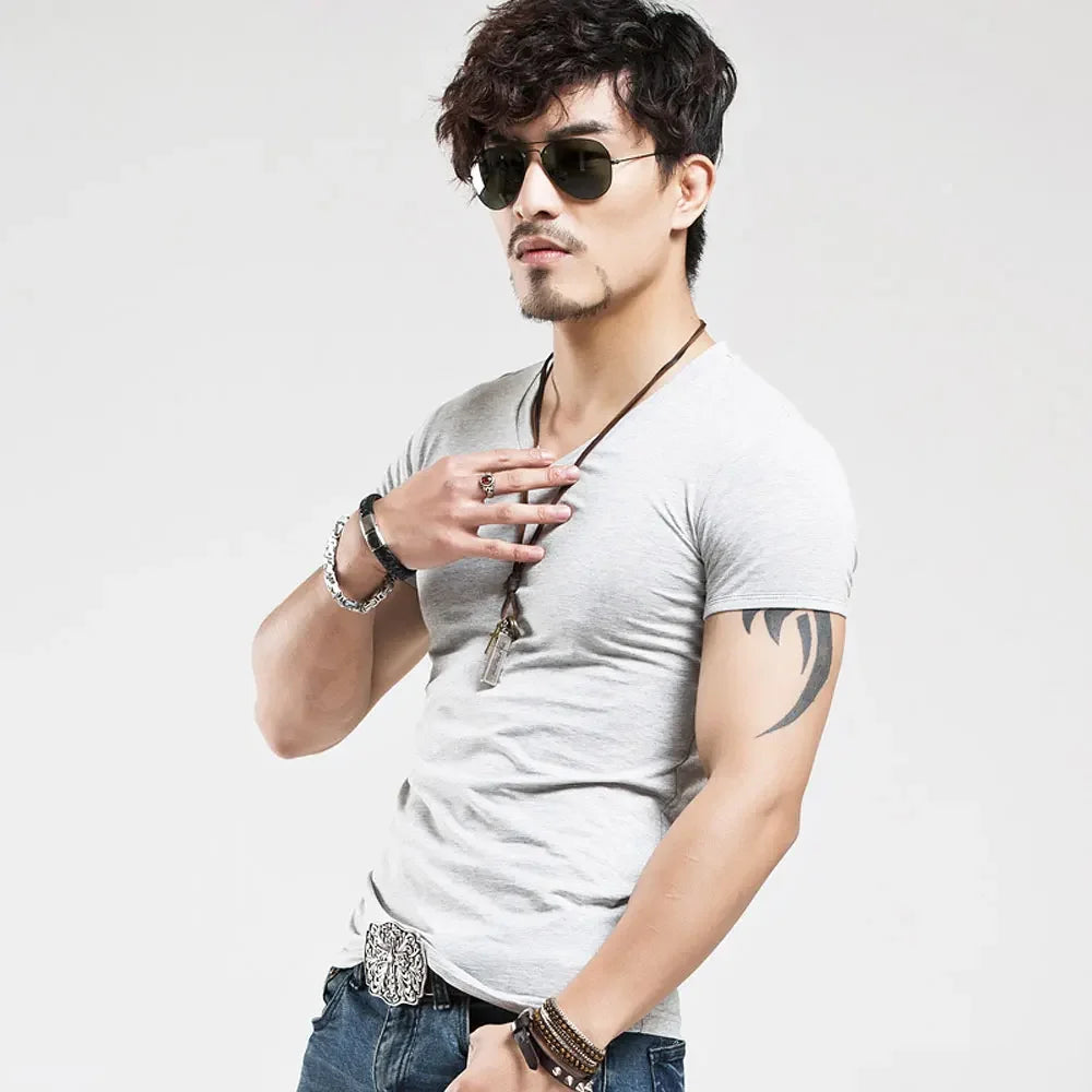 2026 Brand New Men T-Shirt Tops V-neck Short Sleeve Tees Men's Fashion Fitness Hot T-shirt For Male Man T-shirt Size 5XL
