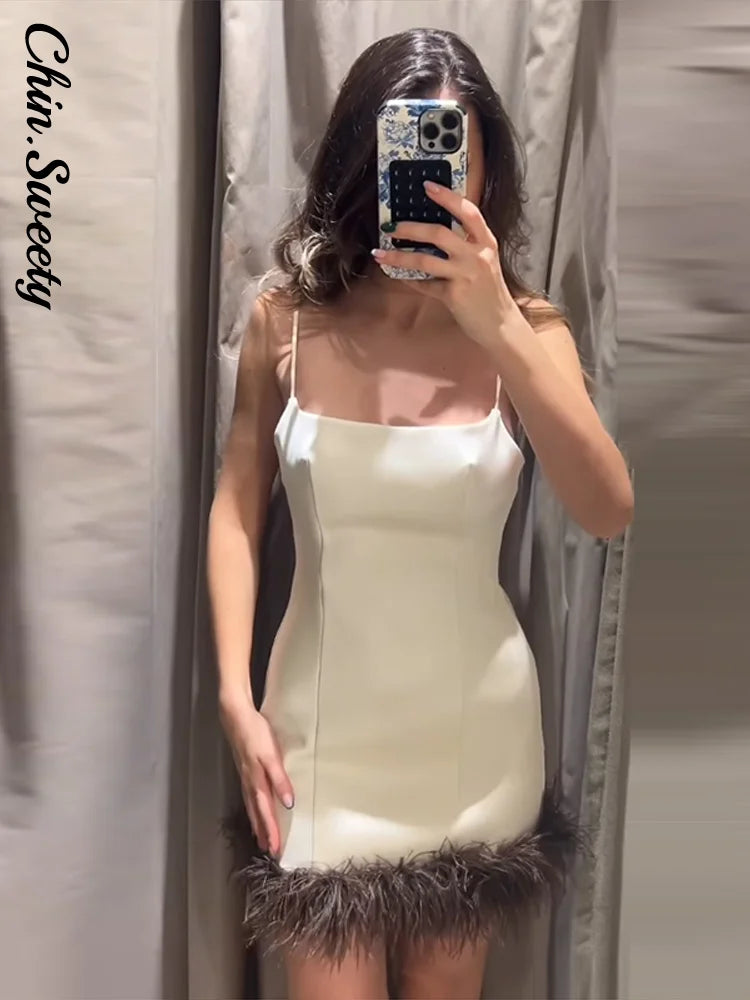 Elegant Fur Patchwork Women's Slip Dress Sleeveless Lady Mini Dresses 2026 Spring New Chic Female Party Ball Evening Robe