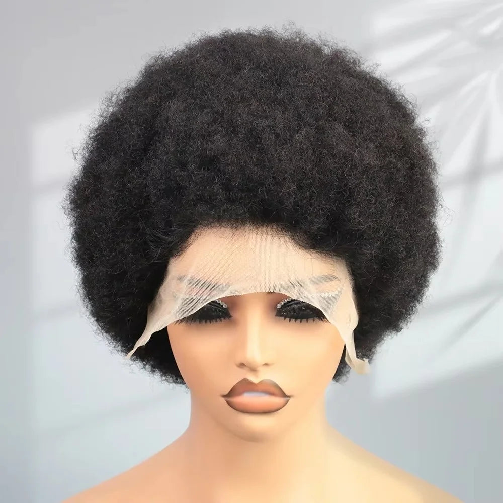 13X4 Lace Frontal Afro Kinky Curly Human Hair Short Pixie Cut Wigs For Women Short Curly Pixie Remy Wig Black Color 250% Density