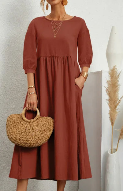 Women's Cotton Linen Dress Summer Fashion Vintage Loose Solid Lantern Sleeve Pocket Dresses O-Neck Long Femel Robe Ladies Wear