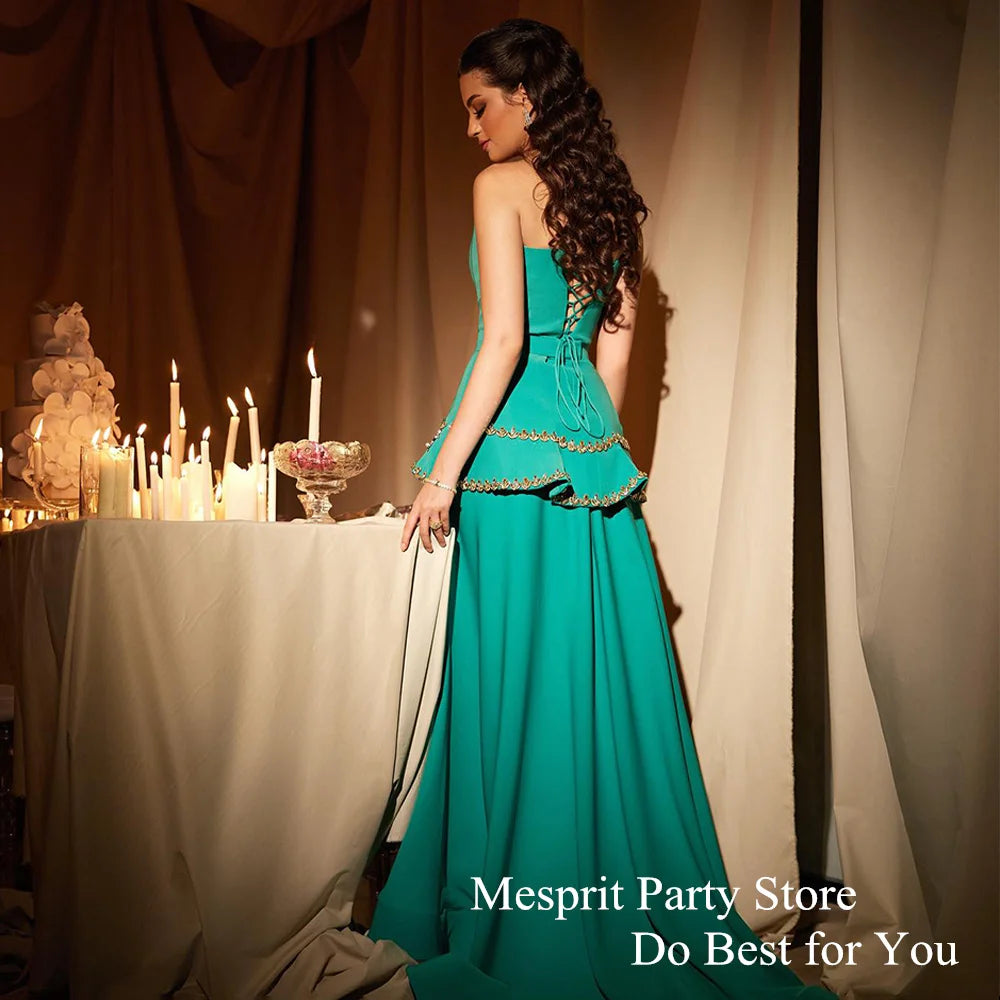 Green Evening Dress Crystals Customized Peplum Occasion Dresses Strapless Sleeveless Sweep Train A Line Corset Saudi Prom Gown