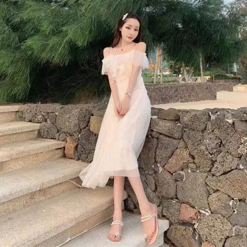Fairycore Mesh Dress Woman 2023 Summer Low Chest Off Shoulder Lace-Up White Dresses Women Sexy Sweet Spaghetti Strap Dress
