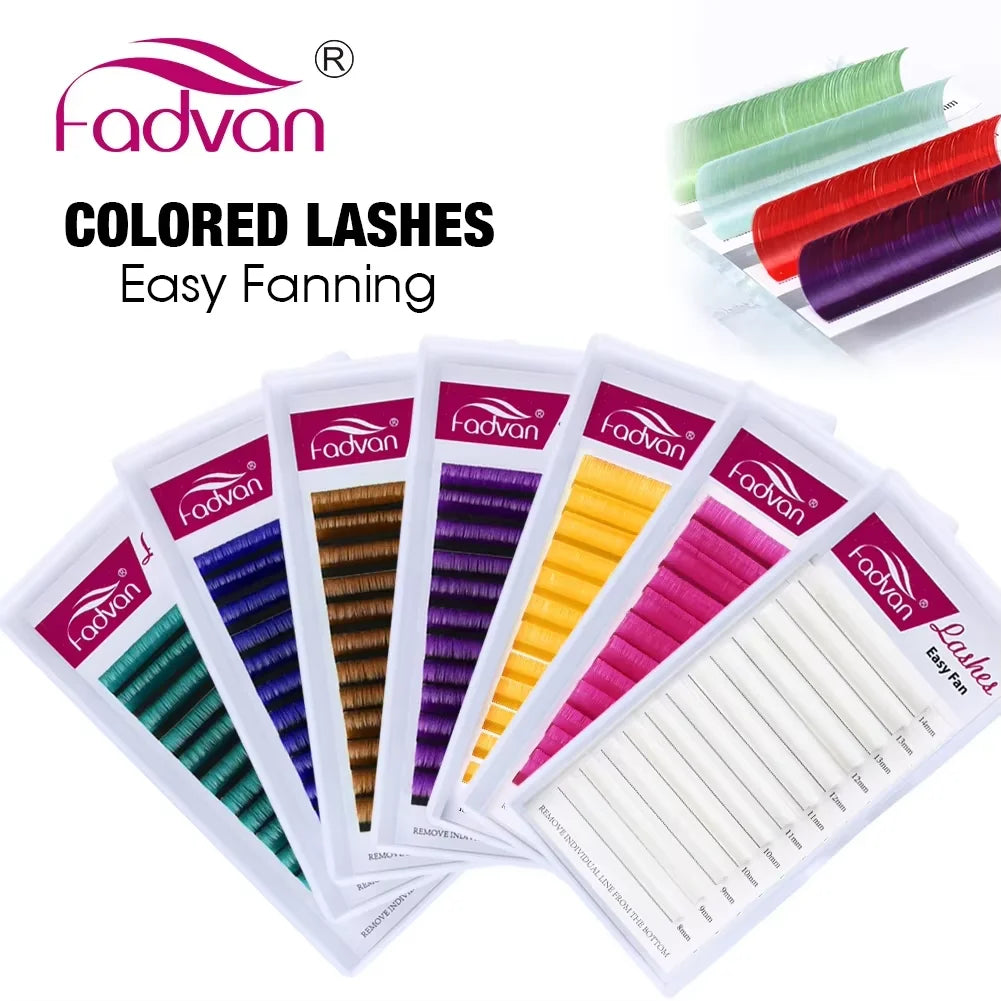 Fadvan Colorful Easy Fanning Eyelash Extensions Red Green Blue Brown Purple Colorful Auto Blooming Makeup Lashes 15-20mm Long