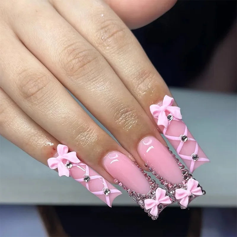 24 faux ongles carrés longs à poser avec imprimé léopard, design français 3D cerise, strass, couvrant entièrement