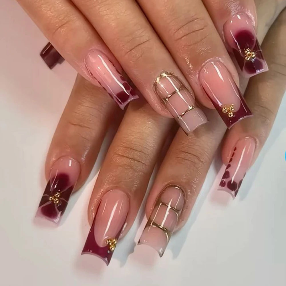 24 pièces ongles faux français cercueil longs rétro fleurs perles caviar design floral doré creux press on Y2k acrylique faux ongles