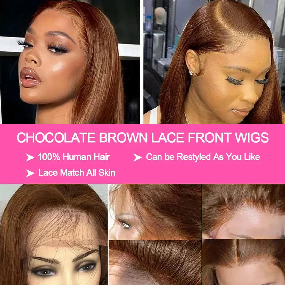 Perruque Bob Brune Chocolat Lisse 4X4 Frontal en Dentelle HD Lisse Ligne Naturelle Cheveux Pré épilés Cheveux Humains  16 pouces