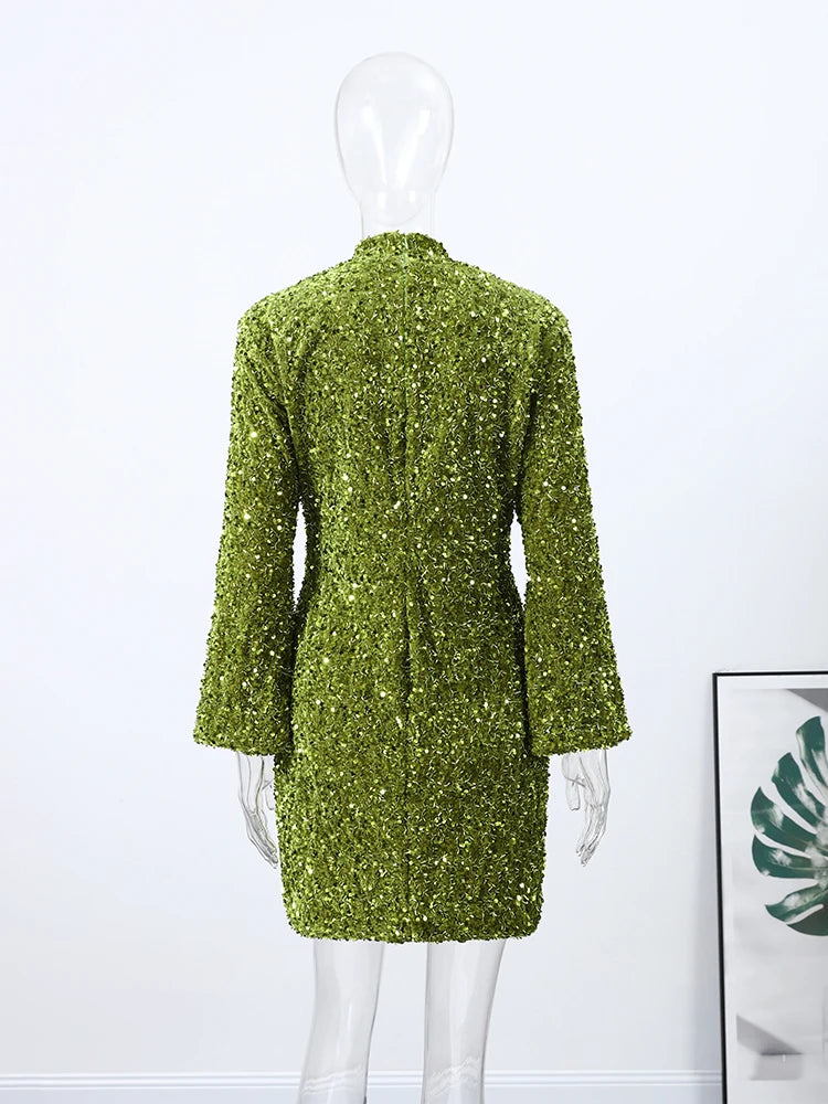 Green Sequined Mini Dress Women O-neck Long Flare Sleeve Shoulder Pad Slim Party Dresses 2026 Spring New Lady Evening Gowns
