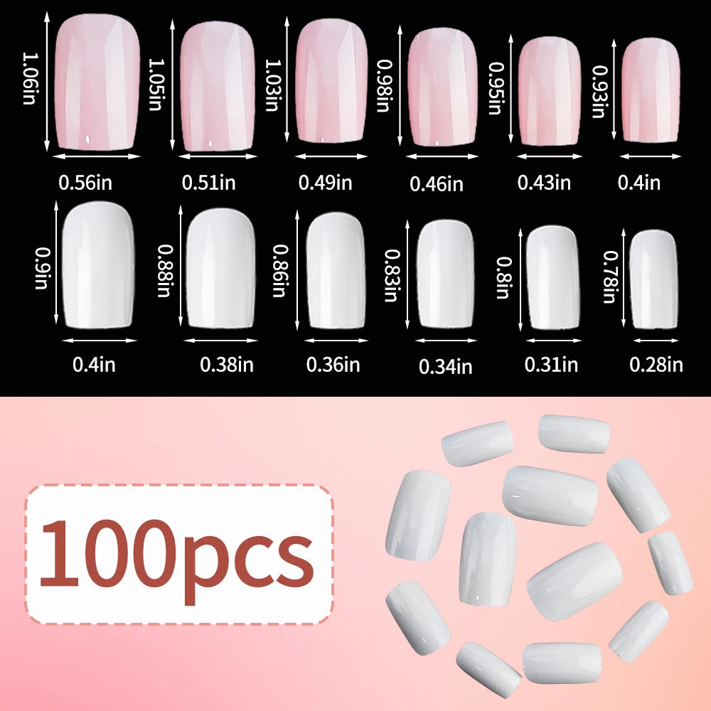 100 pcs d’ongles press-on rose clair, courts à moyens, carrés, faux ongles portables, 10 tailles, couverture complète, décoration pour doigts