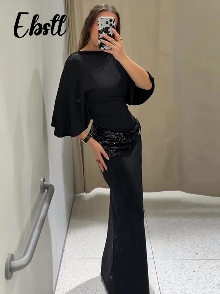 Sexy Sequins Splicing Backless Dresses Women's Elegant Short Sleeve O-neck Ribbons Long Robes 2026 Spring New Ladies Chic Dress