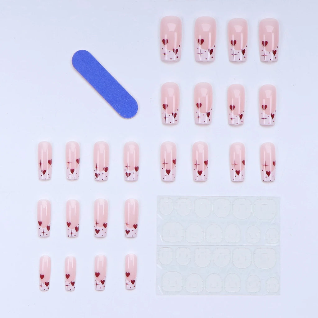 24pcs White Square Red Hearts Cover Fake Nails Detachable and Reusable Jelly Glue 1pc Cuticle Pusher Suitable for Girl and Women