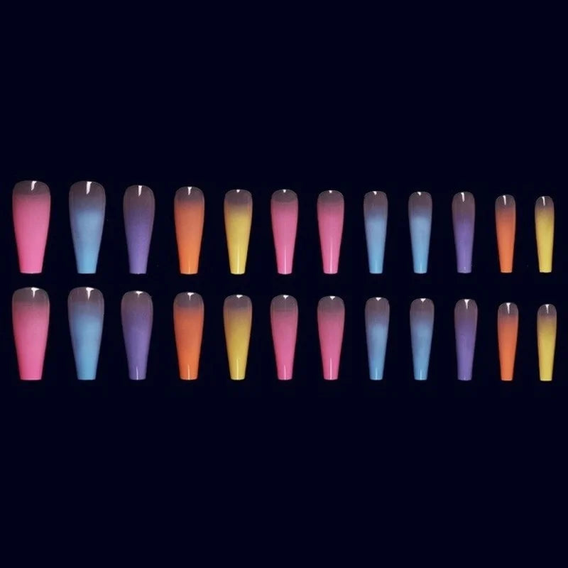 24 pcs/sac Faux Ongles Longs Cercueil Arc-en-ciel Ballerine Couverture Complète Ongles Artificiels Conseils de Manucure Beauté Faux Ongles Manucure Charms