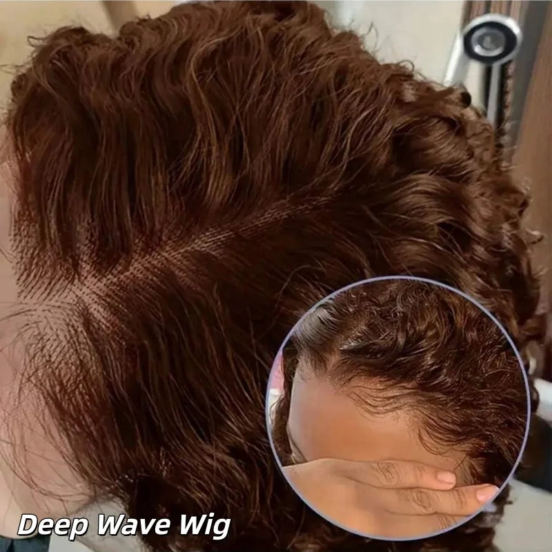 Chocolate Brown Deep Wave 13x4 HD Lace Frontal Wigs Human Hair Transparent Pre-Plucked 250% Density Water Wave Lace Frontal Wigs