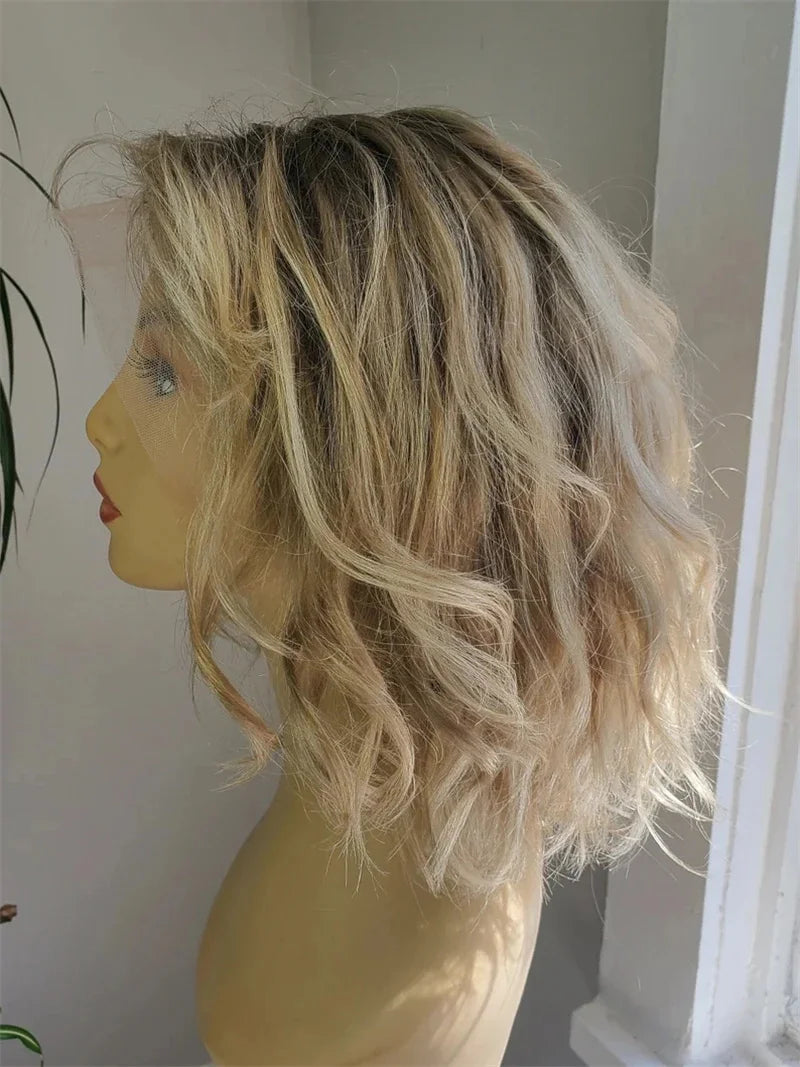 Synthetic Lace Front Wig Short Wavy Bob Wig for Women Blonde Highlights Glueless HD 13X4 Lace Front Wig Pre Plucked Middle Part