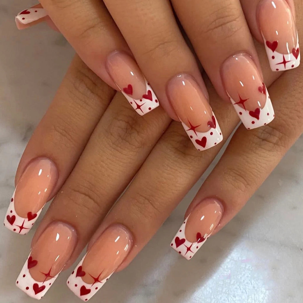 24pcs White Square Red Hearts Cover Fake Nails Detachable and Reusable Jelly Glue 1pc Cuticle Pusher Suitable for Girl and Women