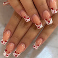 24pcs White Square Red Hearts Cover Fake Nails Detachable and Reusable Jelly Glue 1pc Cuticle Pusher Suitable for Girl and Women