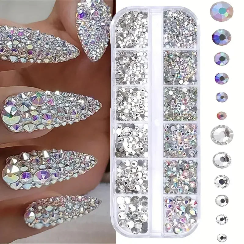 Boîte de strass pour ongles 3D à dos plat, strass pour ongles, gemmes en verre AB et cristal clair, kit de strass pour ongles, charms pour nail art, accessoires DIY pour manucure