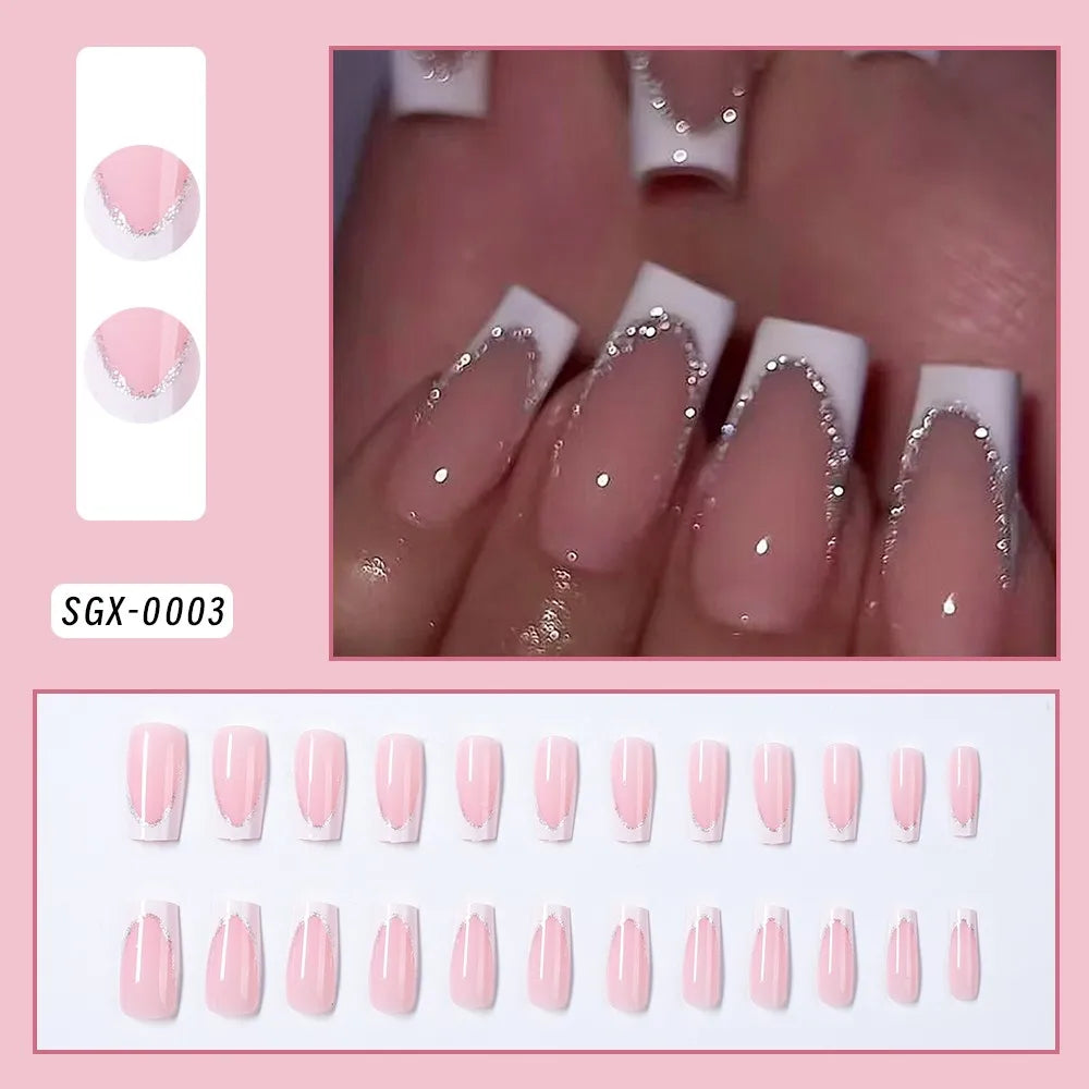 24 pièces ongles en acrylique moyens longs faux ongles amovibles français ensemble de faux ongles à porter couverture complète ballet press-on & 7Y